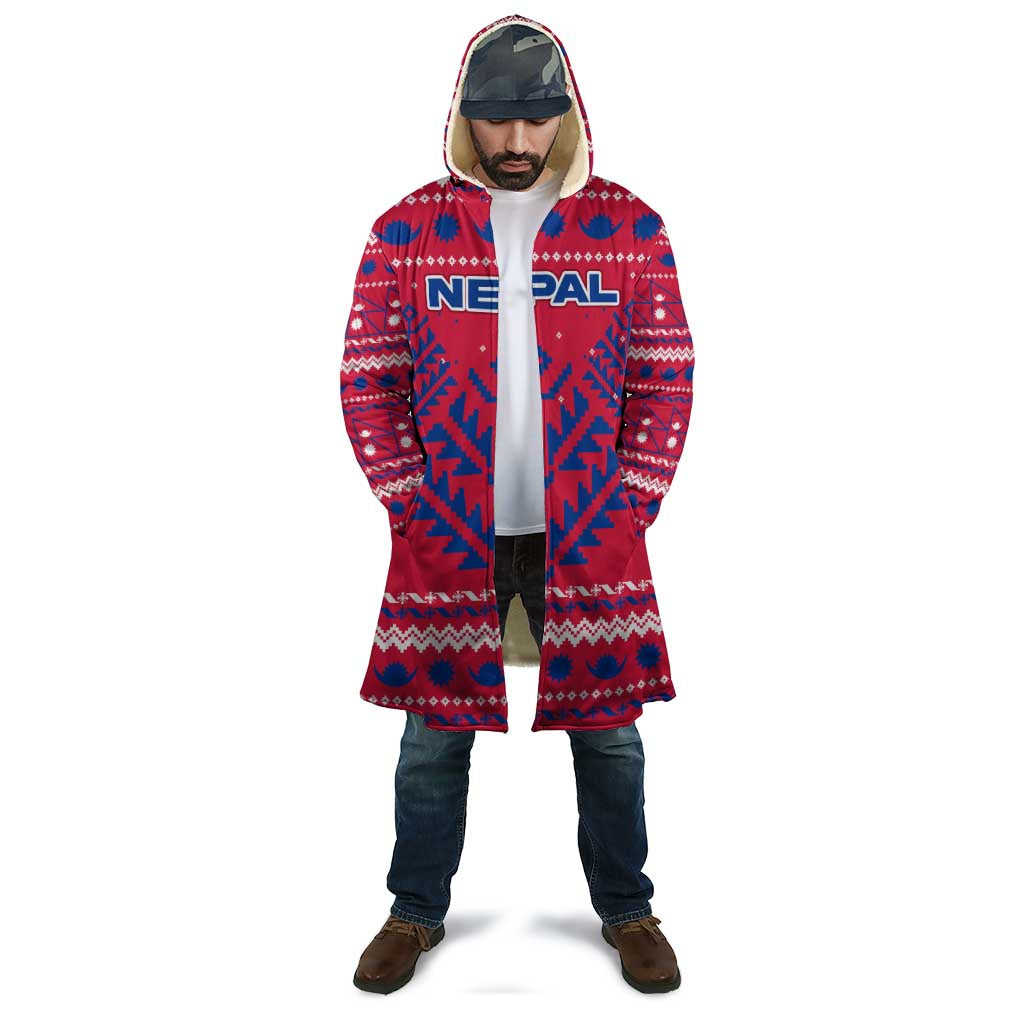 Nepal Christmas Cloak with Red-Blue Design, National Emblem, and Snowflake Motif - Wonder Print Shop
