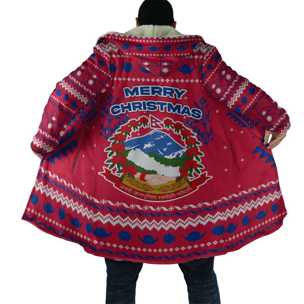 Nepal Christmas Cloak with Red-Blue Design, National Emblem, and Snowflake Motif - Wonder Print Shop