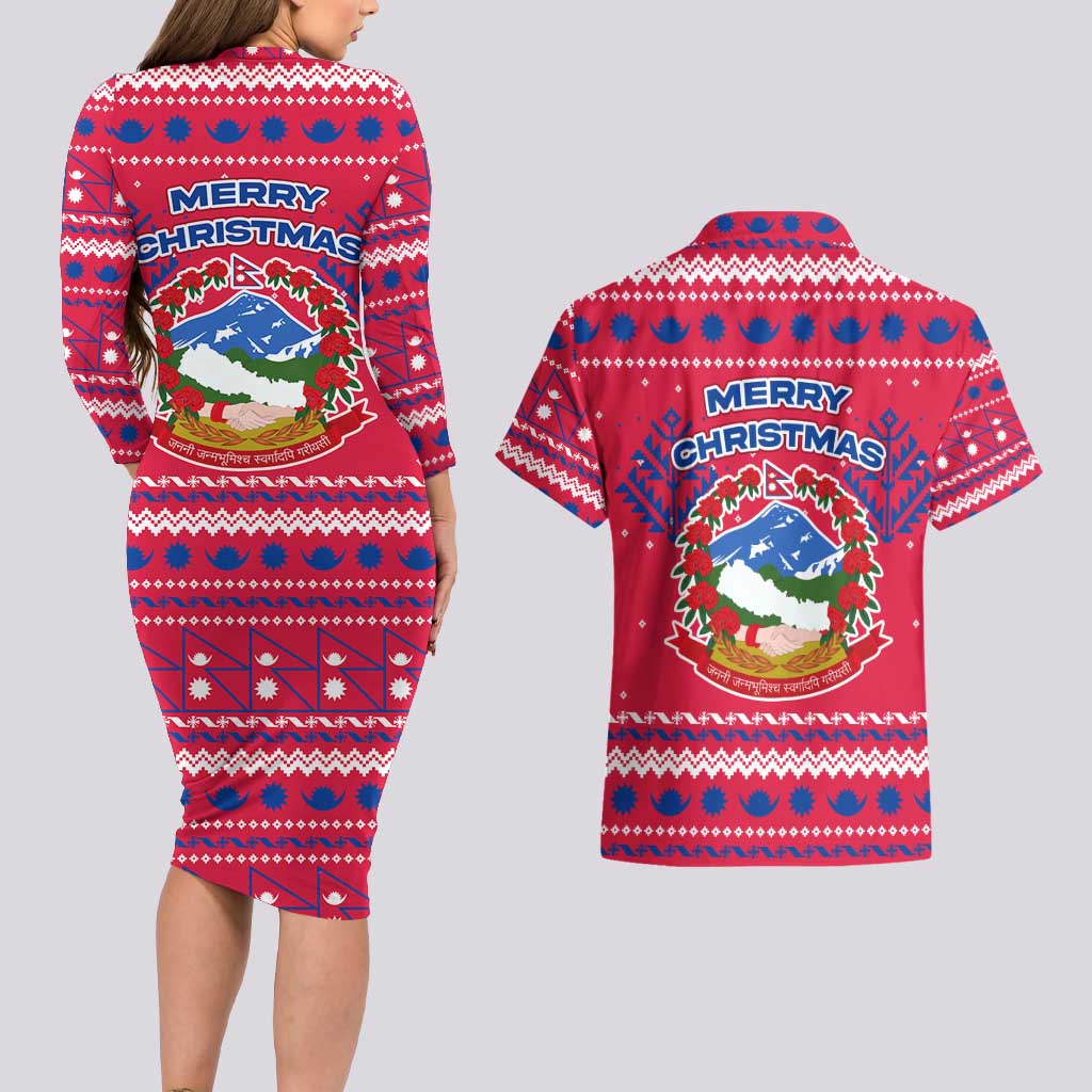 Nepal Christmas Couples Matching Long Sleeve Bodycon Dress and Hawaiian Shirt with Red-Blue Design, National Emblem, and Snowflake Motif - Wonder Print Shop