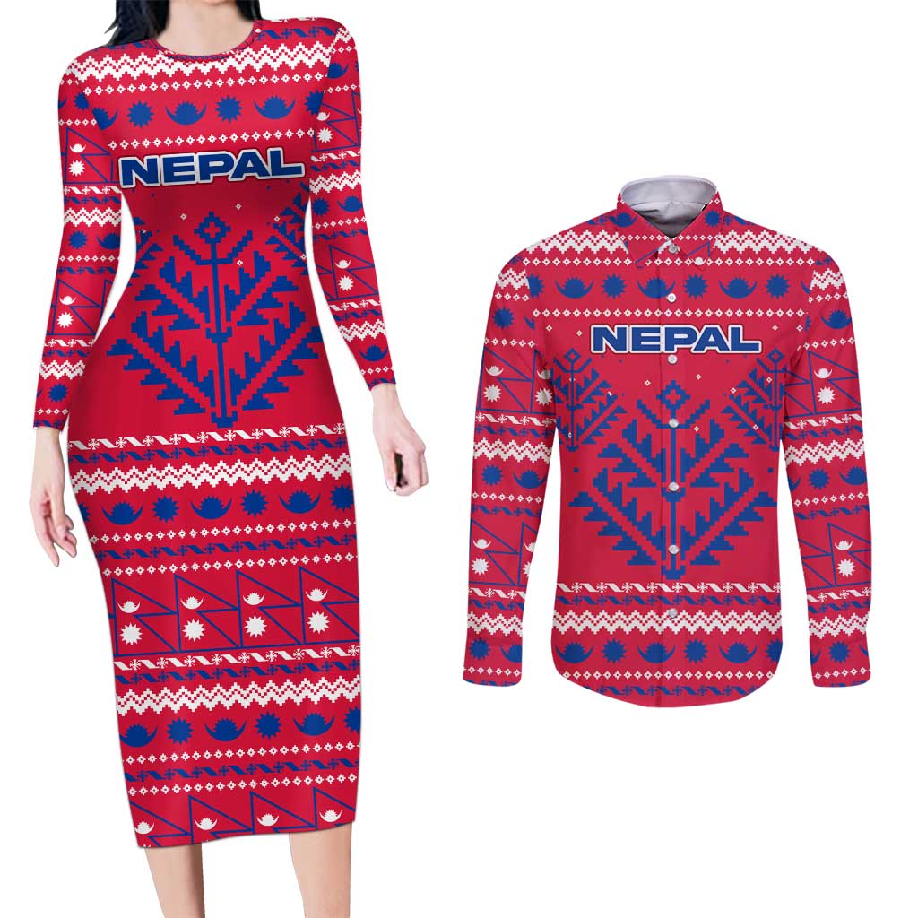 Nepal Christmas Couples Matching Long Sleeve Bodycon Dress and Long Sleeve Button Shirt with Red-Blue Design, National Emblem, and Snowflake Motif - Wonder Print Shop