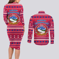 Nepal Christmas Couples Matching Long Sleeve Bodycon Dress and Long Sleeve Button Shirt with Red-Blue Design, National Emblem, and Snowflake Motif - Wonder Print Shop