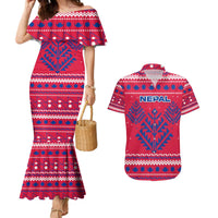 Nepal Christmas Couples Matching Mermaid Dress and Hawaiian Shirt with Red-Blue Design, National Emblem, and Snowflake Motif - Wonder Print Shop