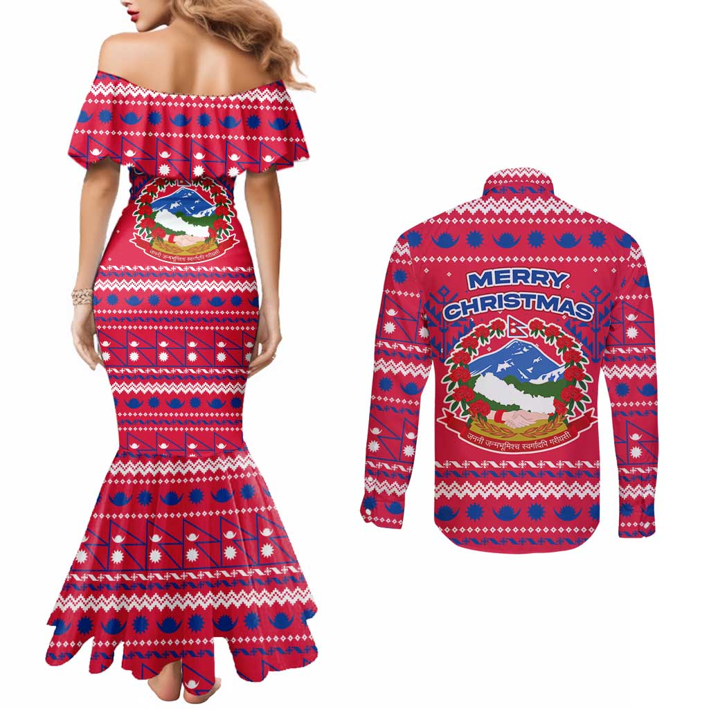 Nepal Christmas Couples Matching Mermaid Dress and Long Sleeve Button Shirt with Red-Blue Design, National Emblem, and Snowflake Motif - Wonder Print Shop