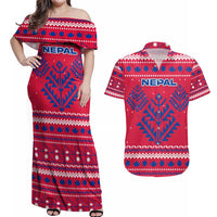 Nepal Christmas Couples Matching Off Shoulder Maxi Dress and Hawaiian Shirt with Red-Blue Design, National Emblem, and Snowflake Motif - Wonder Print Shop