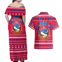 Nepal Christmas Couples Matching Off Shoulder Maxi Dress and Hawaiian Shirt with Red-Blue Design, National Emblem, and Snowflake Motif - Wonder Print Shop