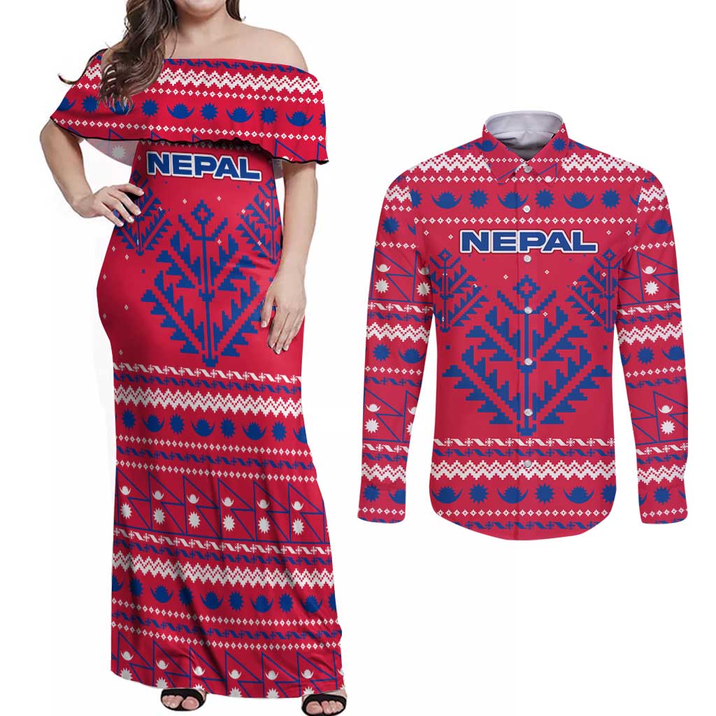 Nepal Christmas Couples Matching Off Shoulder Maxi Dress and Long Sleeve Button Shirt with Red-Blue Design, National Emblem, and Snowflake Motif - Wonder Print Shop