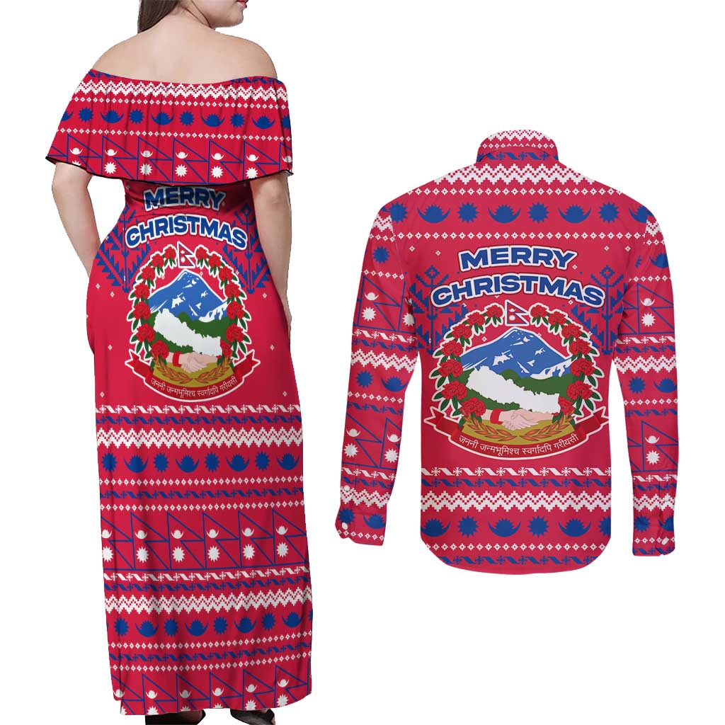 Nepal Christmas Couples Matching Off Shoulder Maxi Dress and Long Sleeve Button Shirt with Red-Blue Design, National Emblem, and Snowflake Motif - Wonder Print Shop