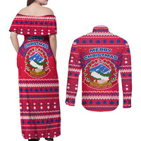 Nepal Christmas Couples Matching Off Shoulder Maxi Dress and Long Sleeve Button Shirt with Red-Blue Design, National Emblem, and Snowflake Motif - Wonder Print Shop