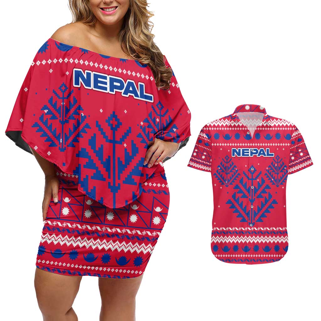 Nepal Christmas Couples Matching Off Shoulder Short Dress and Hawaiian Shirt with Red-Blue Design, National Emblem, and Snowflake Motif - Wonder Print Shop