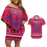 Nepal Christmas Couples Matching Off Shoulder Short Dress and Hawaiian Shirt with Red-Blue Design, National Emblem, and Snowflake Motif - Wonder Print Shop