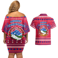 Nepal Christmas Couples Matching Off Shoulder Short Dress and Hawaiian Shirt with Red-Blue Design, National Emblem, and Snowflake Motif - Wonder Print Shop