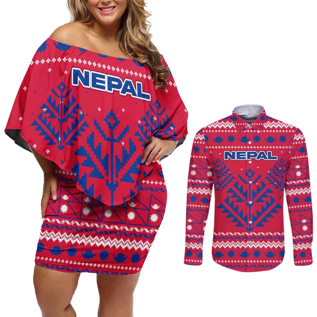 Nepal Christmas Couples Matching Off Shoulder Short Dress and Long Sleeve Button Shirt with Red-Blue Design, National Emblem, and Snowflake Motif - Wonder Print Shop