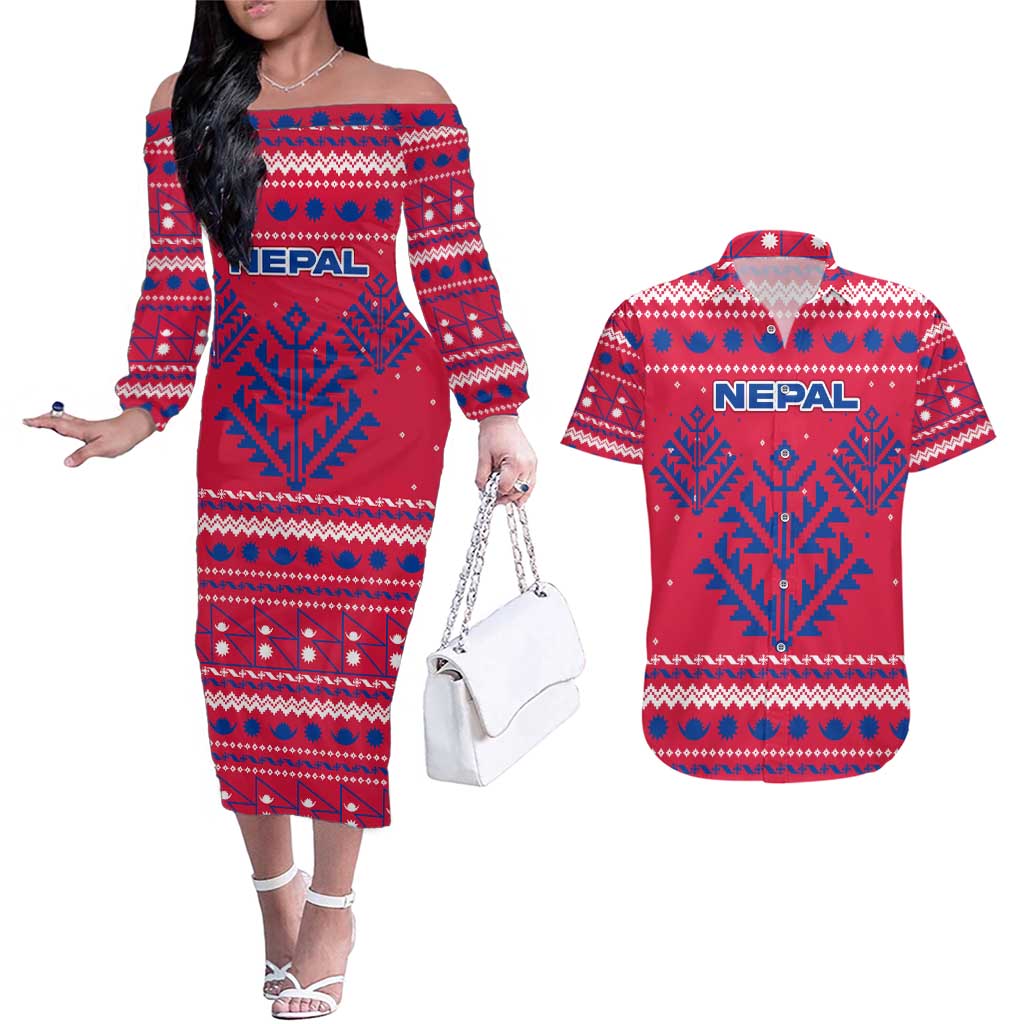 Nepal Christmas Couples Matching Off The Shoulder Long Sleeve Dress and Hawaiian Shirt with Red-Blue Design, National Emblem, and Snowflake Motif - Wonder Print Shop