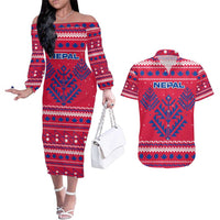 Nepal Christmas Couples Matching Off The Shoulder Long Sleeve Dress and Hawaiian Shirt with Red-Blue Design, National Emblem, and Snowflake Motif - Wonder Print Shop