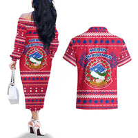 Nepal Christmas Couples Matching Off The Shoulder Long Sleeve Dress and Hawaiian Shirt with Red-Blue Design, National Emblem, and Snowflake Motif - Wonder Print Shop