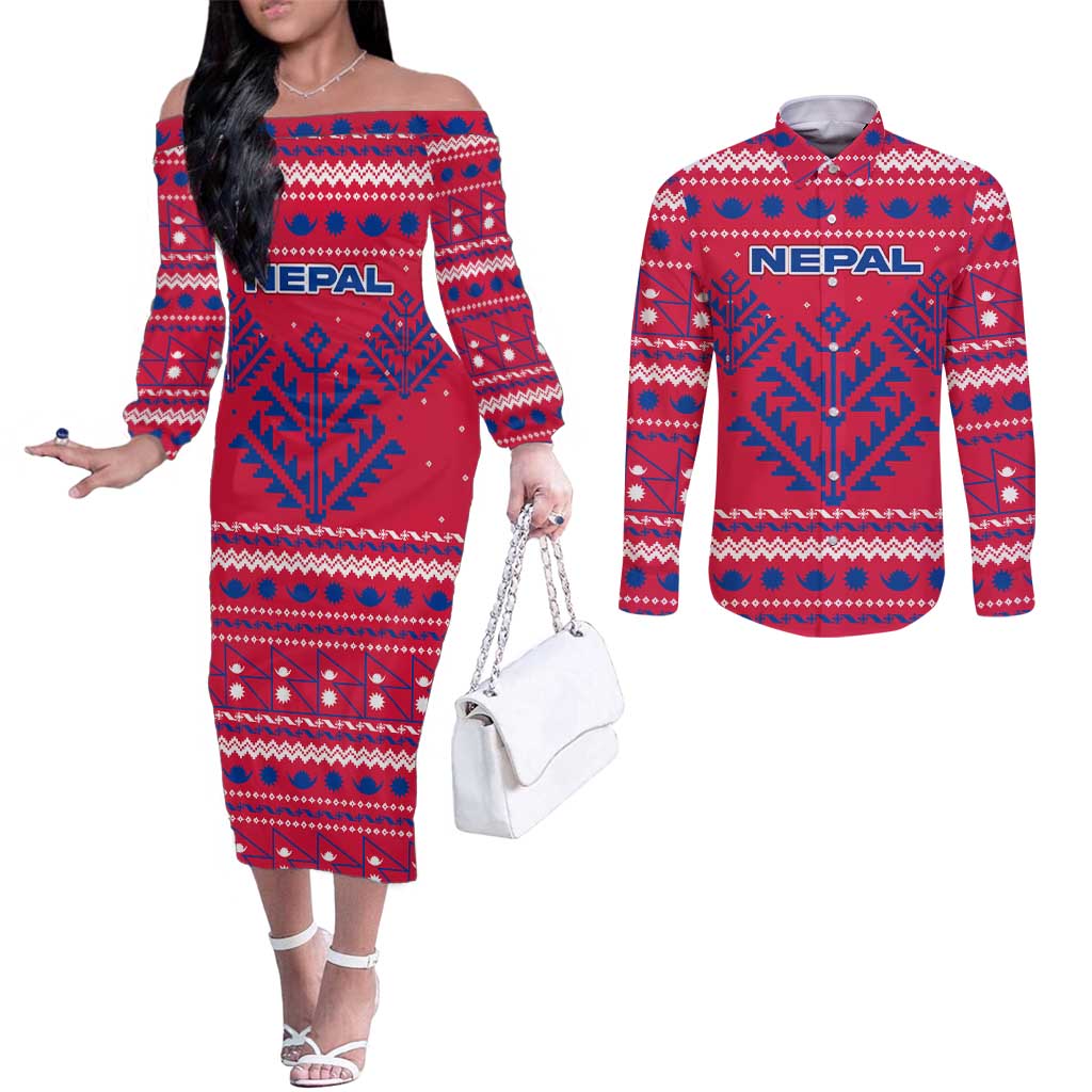 Nepal Christmas Couples Matching Off The Shoulder Long Sleeve Dress and Long Sleeve Button Shirt with Red-Blue Design, National Emblem, and Snowflake Motif - Wonder Print Shop