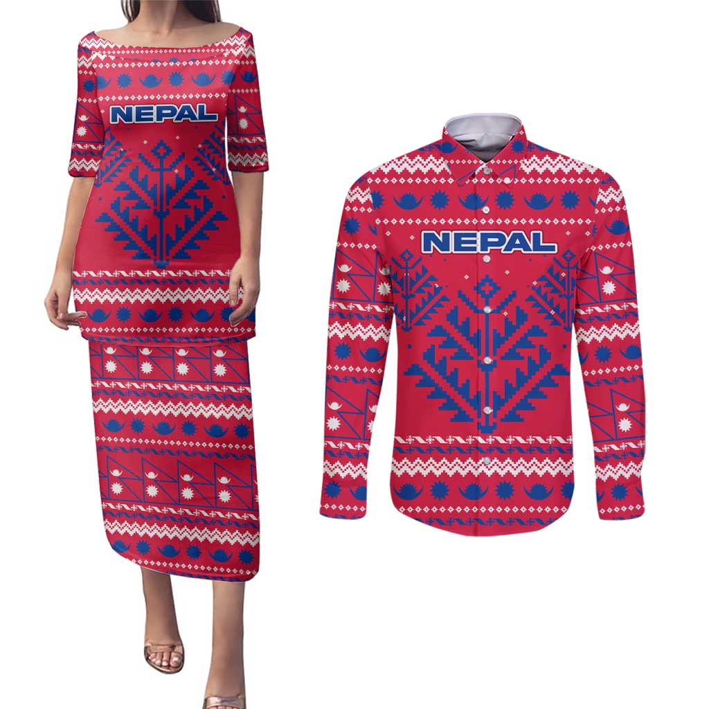 Nepal Christmas Couples Matching Puletasi and Long Sleeve Button Shirt with Red-Blue Design, National Emblem, and Snowflake Motif - Wonder Print Shop