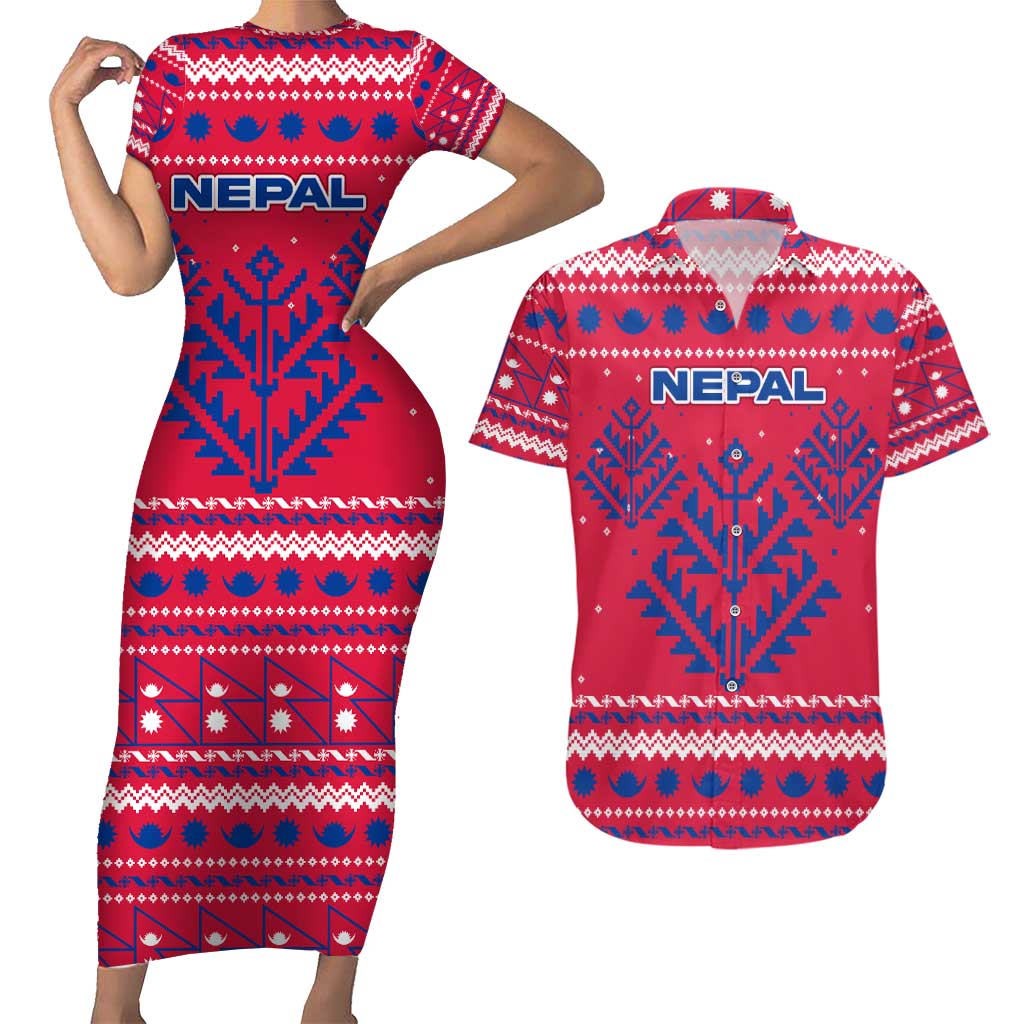 Nepal Christmas Couples Matching Short Sleeve Bodycon Dress and Hawaiian Shirt with Red-Blue Design, National Emblem, and Snowflake Motif - Wonder Print Shop