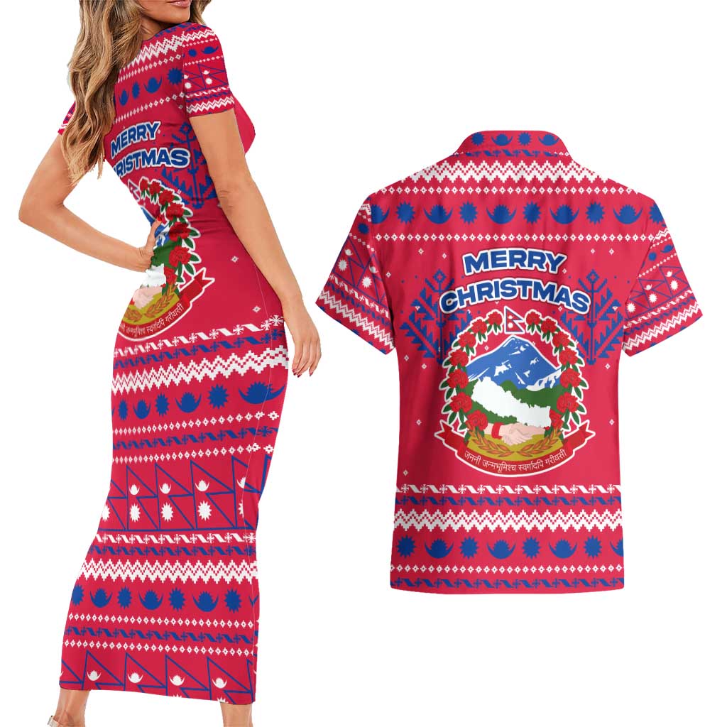 Nepal Christmas Couples Matching Short Sleeve Bodycon Dress and Hawaiian Shirt with Red-Blue Design, National Emblem, and Snowflake Motif - Wonder Print Shop