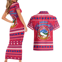 Nepal Christmas Couples Matching Short Sleeve Bodycon Dress and Hawaiian Shirt with Red-Blue Design, National Emblem, and Snowflake Motif - Wonder Print Shop