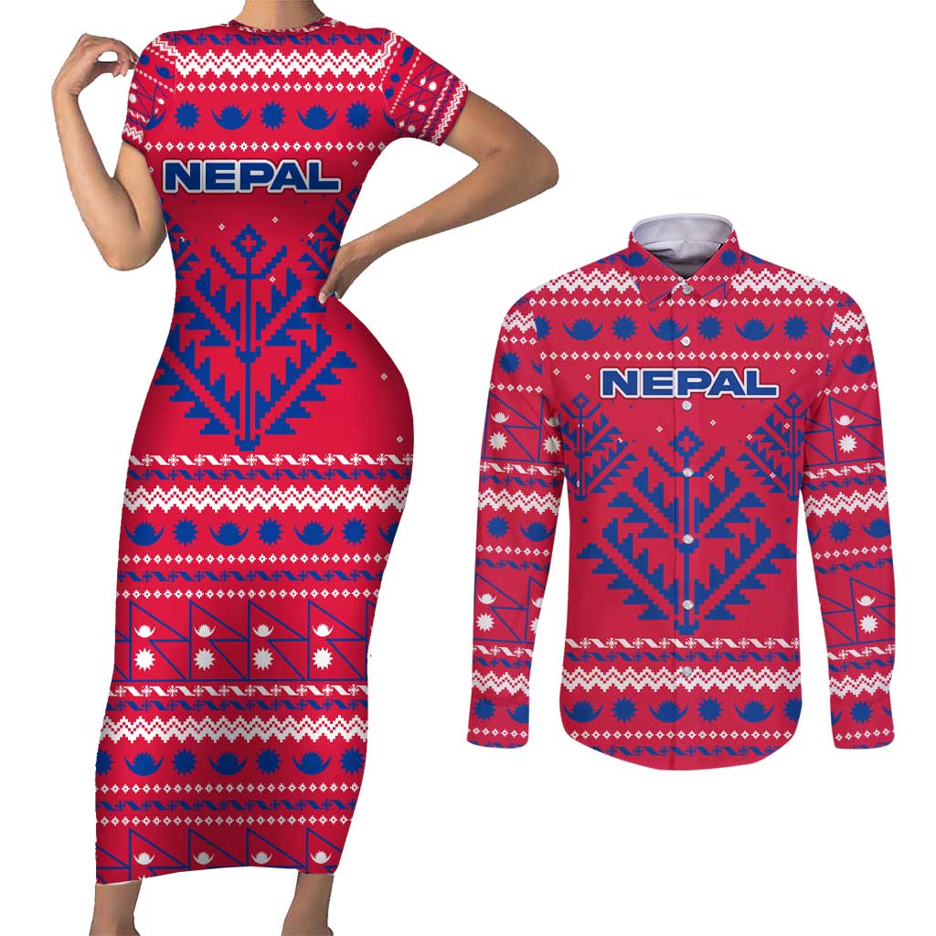 Nepal Christmas Couples Matching Short Sleeve Bodycon Dress and Long Sleeve Button Shirt with Red-Blue Design, National Emblem, and Snowflake Motif - Wonder Print Shop
