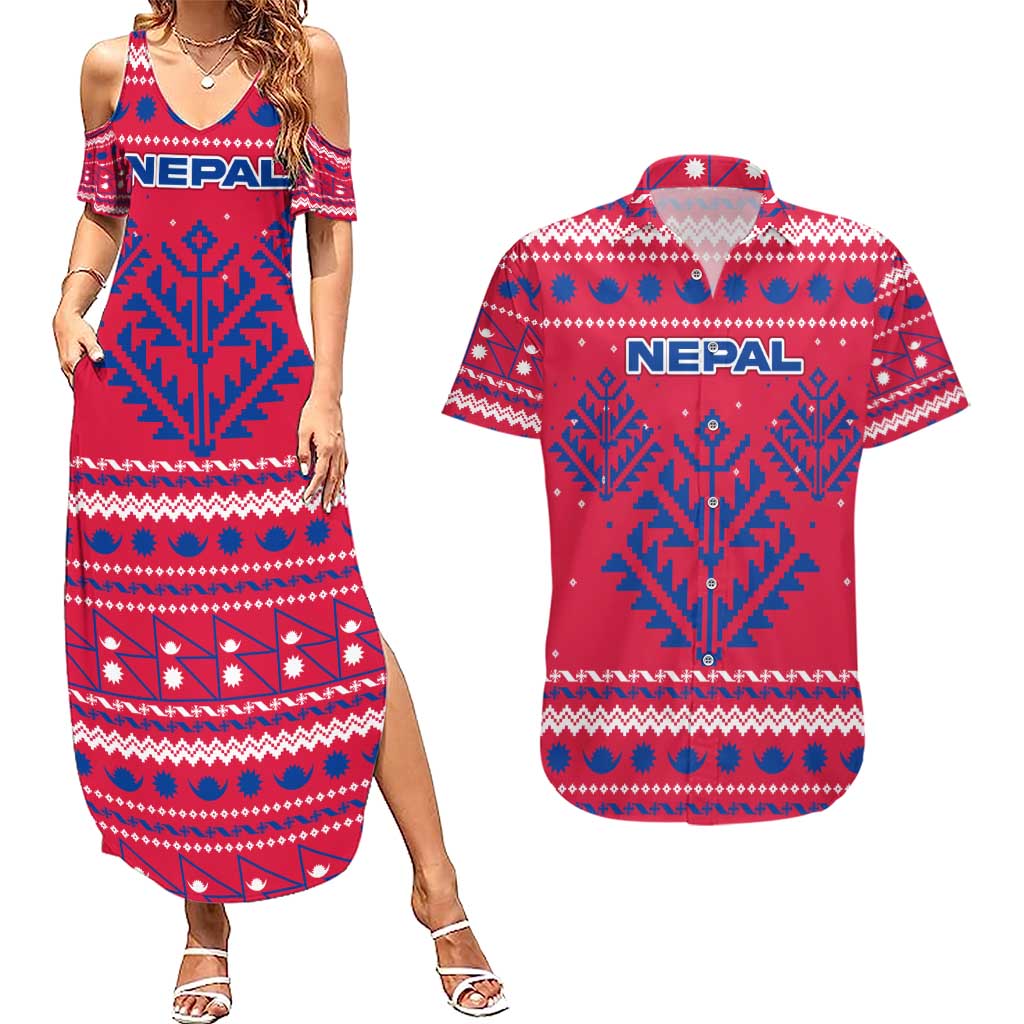 Nepal Christmas Couples Matching Summer Maxi Dress and Hawaiian Shirt with Red-Blue Design, National Emblem, and Snowflake Motif - Wonder Print Shop