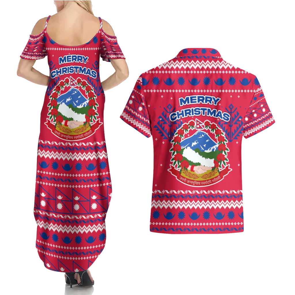 Nepal Christmas Couples Matching Summer Maxi Dress and Hawaiian Shirt with Red-Blue Design, National Emblem, and Snowflake Motif - Wonder Print Shop