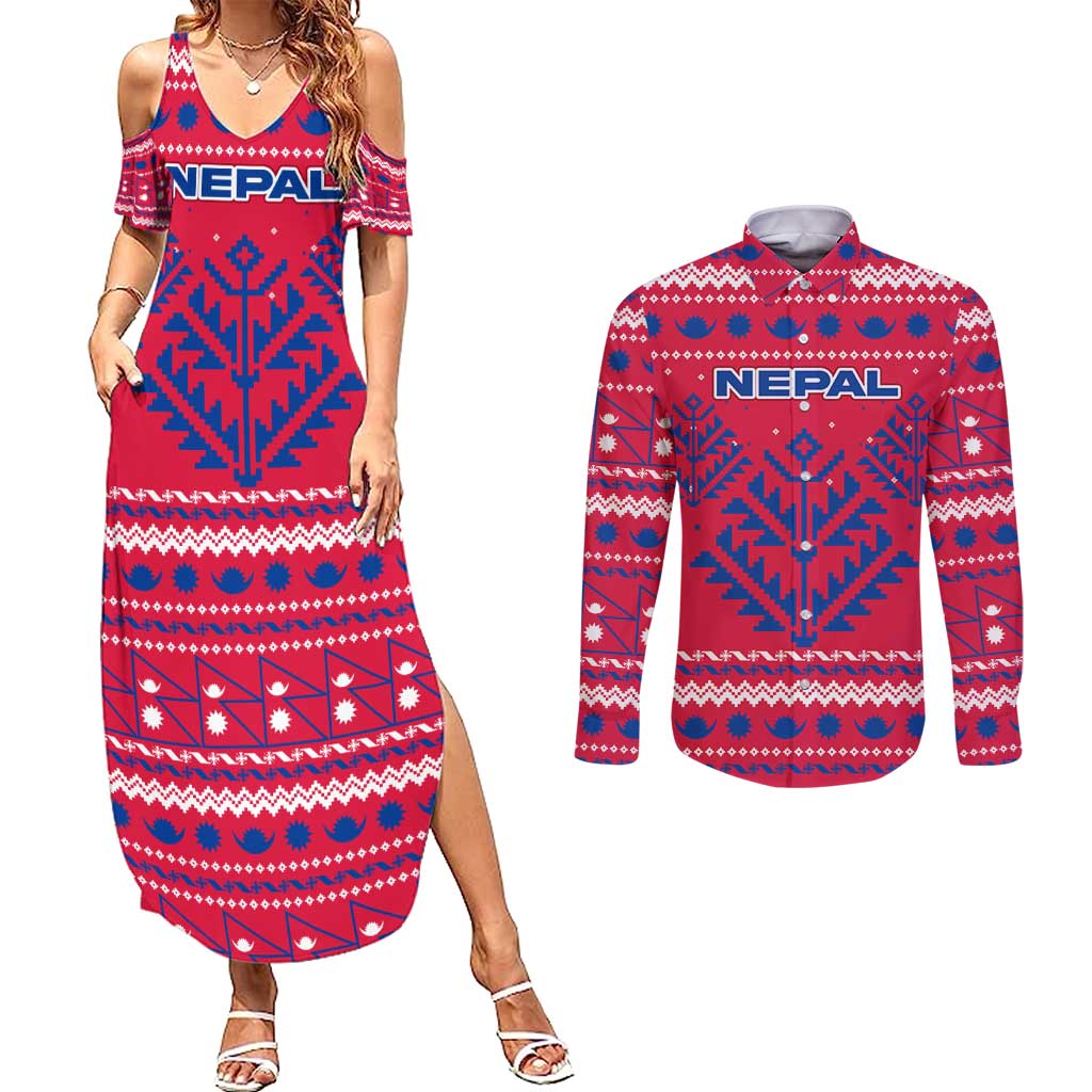Nepal Christmas Couples Matching Summer Maxi Dress and Long Sleeve Button Shirt with Red-Blue Design, National Emblem, and Snowflake Motif - Wonder Print Shop