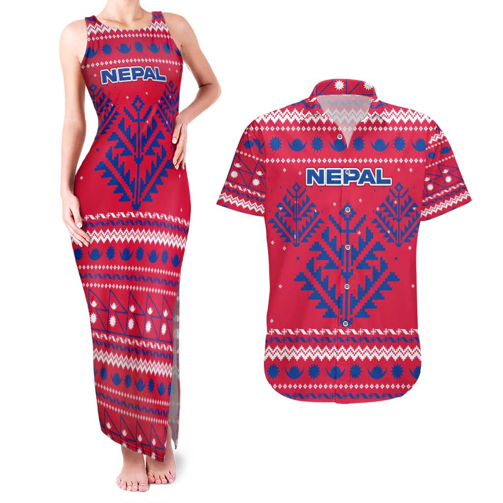 Nepal Christmas Couples Matching Tank Maxi Dress and Hawaiian Shirt with Red-Blue Design, National Emblem, and Snowflake Motif - Wonder Print Shop