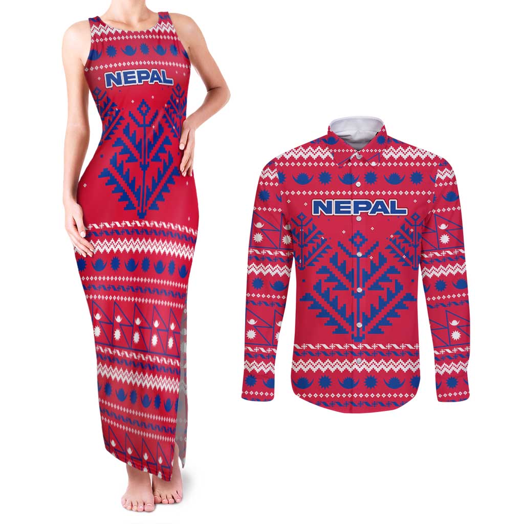 Nepal Christmas Couples Matching Tank Maxi Dress and Long Sleeve Button Shirt with Red-Blue Design, National Emblem, and Snowflake Motif - Wonder Print Shop