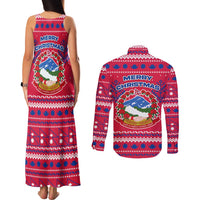 Nepal Christmas Couples Matching Tank Maxi Dress and Long Sleeve Button Shirt with Red-Blue Design, National Emblem, and Snowflake Motif - Wonder Print Shop