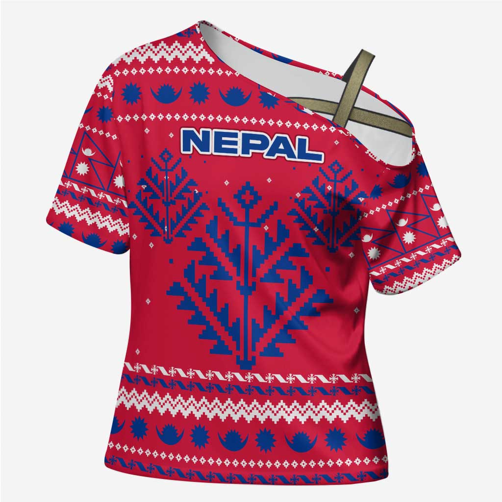 Nepal Christmas Cross Shoulder Shirt with Red-Blue Design, National Emblem, and Snowflake Motif - Wonder Print Shop