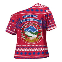 Nepal Christmas Cross Shoulder Shirt with Red-Blue Design, National Emblem, and Snowflake Motif - Wonder Print Shop