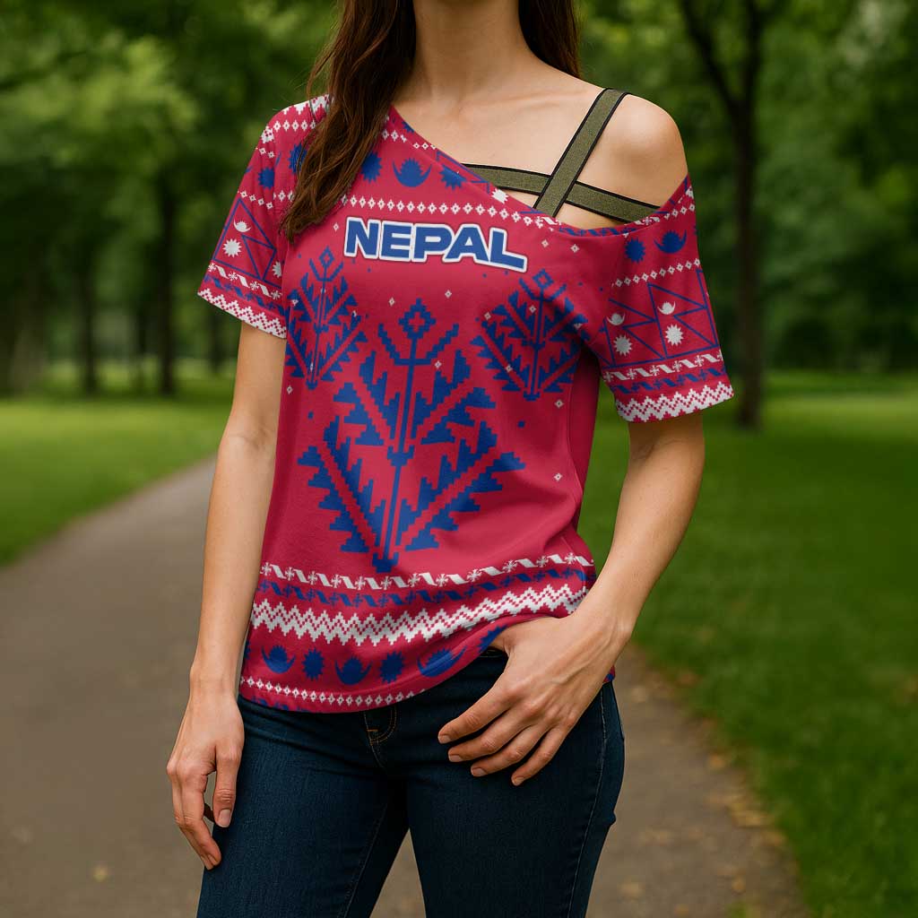 Nepal Christmas Cross Shoulder Shirt with Red-Blue Design, National Emblem, and Snowflake Motif - Wonder Print Shop