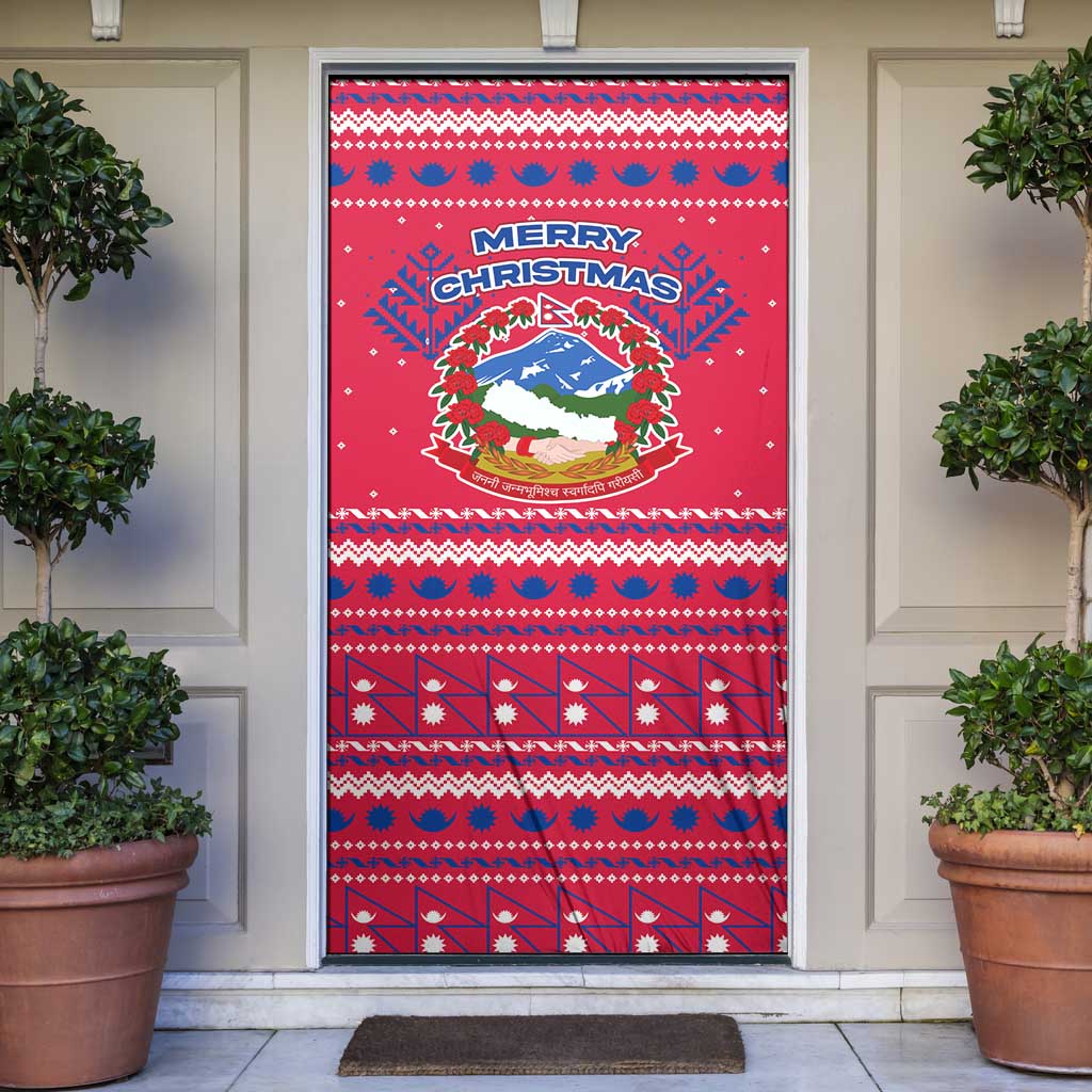 Nepal Christmas Door Cover with Red-Blue Design, National Emblem, and Snowflake Motif - Wonder Print Shop