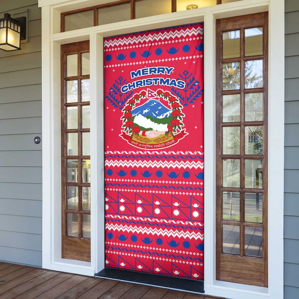 Nepal Christmas Door Cover with Red-Blue Design, National Emblem, and Snowflake Motif - Wonder Print Shop