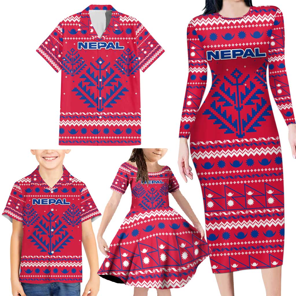Nepal Christmas Family Matching Long Sleeve Bodycon Dress and Hawaiian Shirt with Red-Blue Design, National Emblem, and Snowflake Motif - Wonder Print Shop