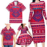 Nepal Christmas Family Matching Long Sleeve Bodycon Dress and Hawaiian Shirt with Red-Blue Design, National Emblem, and Snowflake Motif - Wonder Print Shop