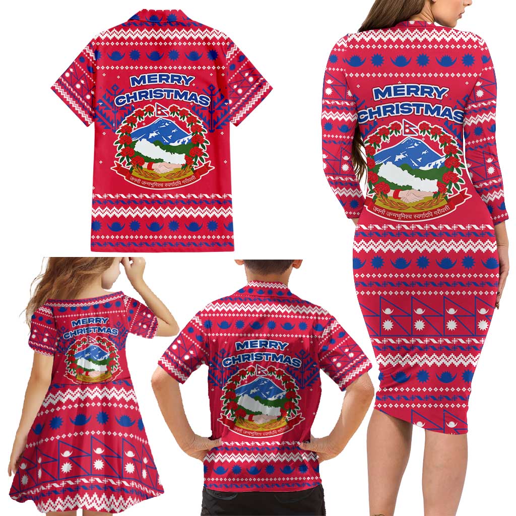 Nepal Christmas Family Matching Long Sleeve Bodycon Dress and Hawaiian Shirt with Red-Blue Design, National Emblem, and Snowflake Motif - Wonder Print Shop