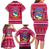 Nepal Christmas Family Matching Long Sleeve Bodycon Dress and Hawaiian Shirt with Red-Blue Design, National Emblem, and Snowflake Motif - Wonder Print Shop