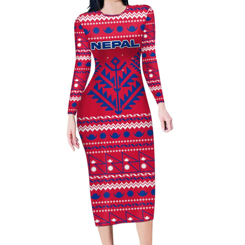 Nepal Christmas Family Matching Long Sleeve Bodycon Dress and Hawaiian Shirt with Red-Blue Design, National Emblem, and Snowflake Motif - Wonder Print Shop