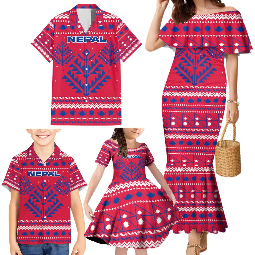 Nepal Christmas Family Matching Mermaid Dress and Hawaiian Shirt with Red-Blue Design, National Emblem, and Snowflake Motif - Wonder Print Shop
