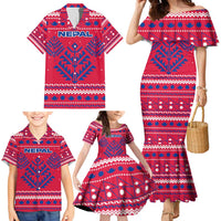 Nepal Christmas Family Matching Mermaid Dress and Hawaiian Shirt with Red-Blue Design, National Emblem, and Snowflake Motif - Wonder Print Shop