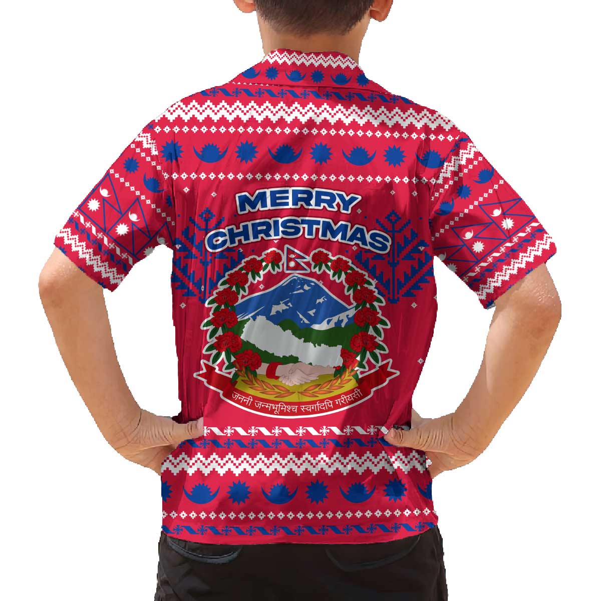 Nepal Christmas Family Matching Off The Shoulder Long Sleeve Dress and Hawaiian Shirt with Red-Blue Design, National Emblem, and Snowflake Motif - Wonder Print Shop
