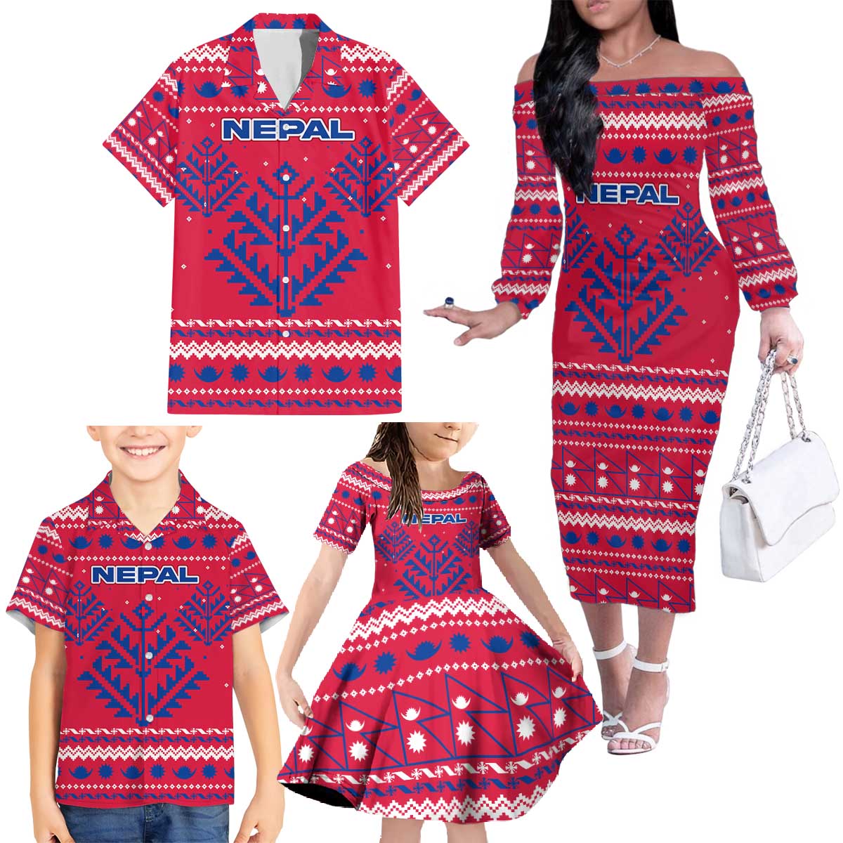 Nepal Christmas Family Matching Off The Shoulder Long Sleeve Dress and Hawaiian Shirt with Red-Blue Design, National Emblem, and Snowflake Motif - Wonder Print Shop