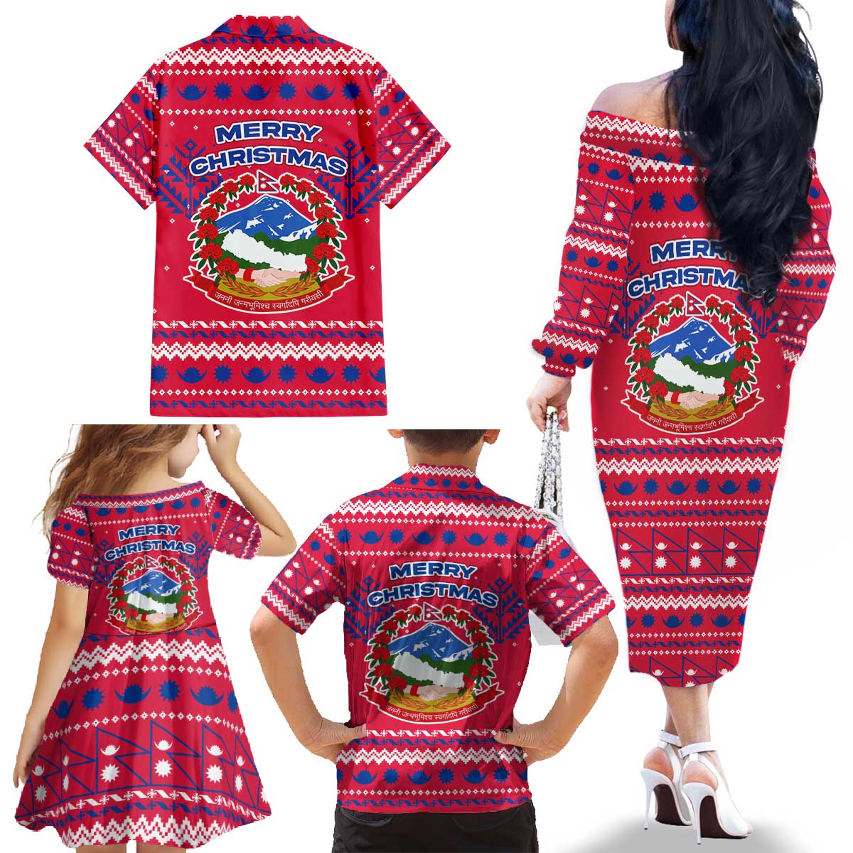 Nepal Christmas Family Matching Off The Shoulder Long Sleeve Dress and Hawaiian Shirt with Red-Blue Design, National Emblem, and Snowflake Motif - Wonder Print Shop
