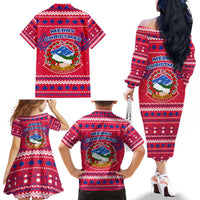Nepal Christmas Family Matching Off The Shoulder Long Sleeve Dress and Hawaiian Shirt with Red-Blue Design, National Emblem, and Snowflake Motif - Wonder Print Shop