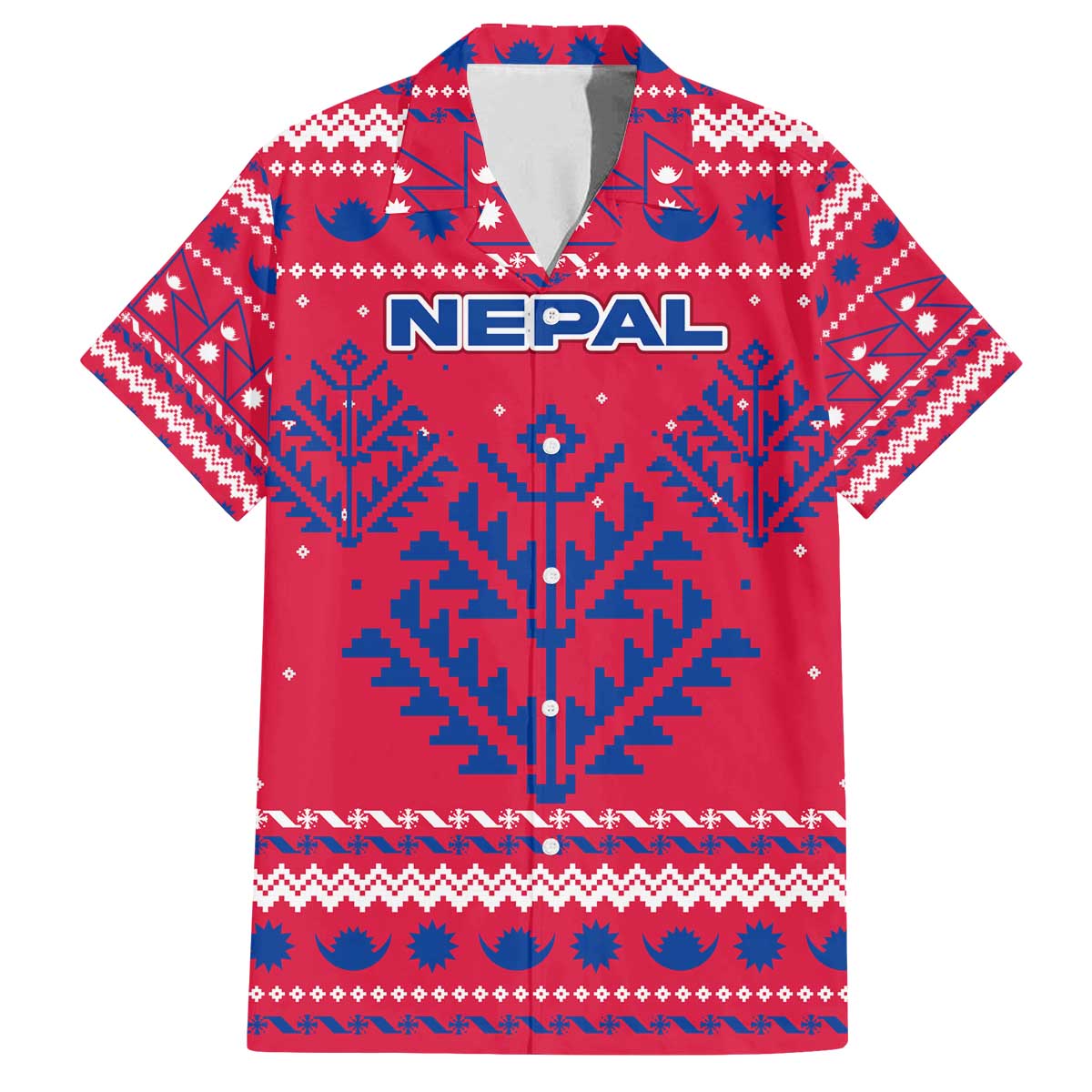 Nepal Christmas Family Matching Off The Shoulder Long Sleeve Dress and Hawaiian Shirt with Red-Blue Design, National Emblem, and Snowflake Motif - Wonder Print Shop