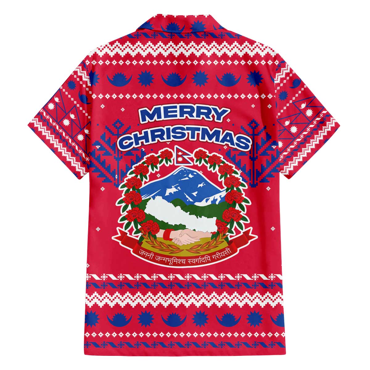 Nepal Christmas Family Matching Off The Shoulder Long Sleeve Dress and Hawaiian Shirt with Red-Blue Design, National Emblem, and Snowflake Motif - Wonder Print Shop