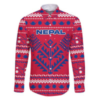 Nepal Christmas Family Matching Off The Shoulder Long Sleeve Dress and Hawaiian Shirt with Red-Blue Design, National Emblem, and Snowflake Motif - Wonder Print Shop
